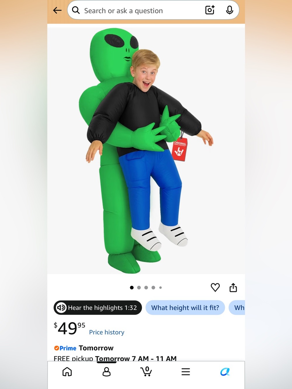 Kids Inflatable Alien Hug Green Black Blue Costume